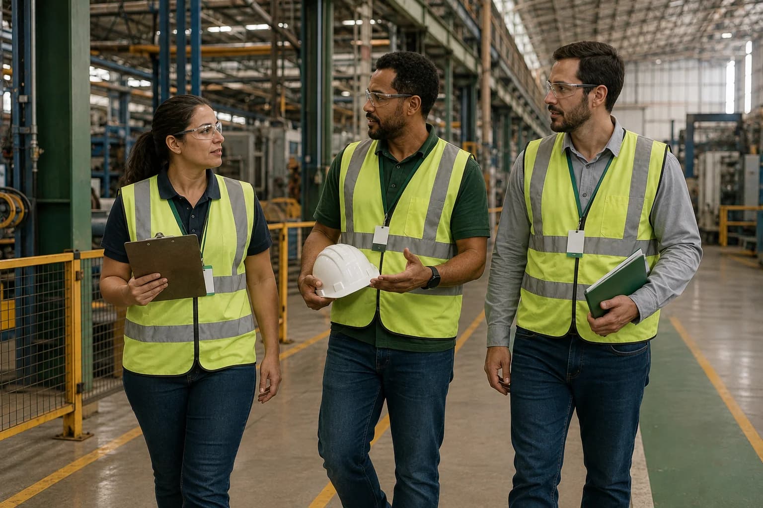 Equipe técnica em corredor de fábrica