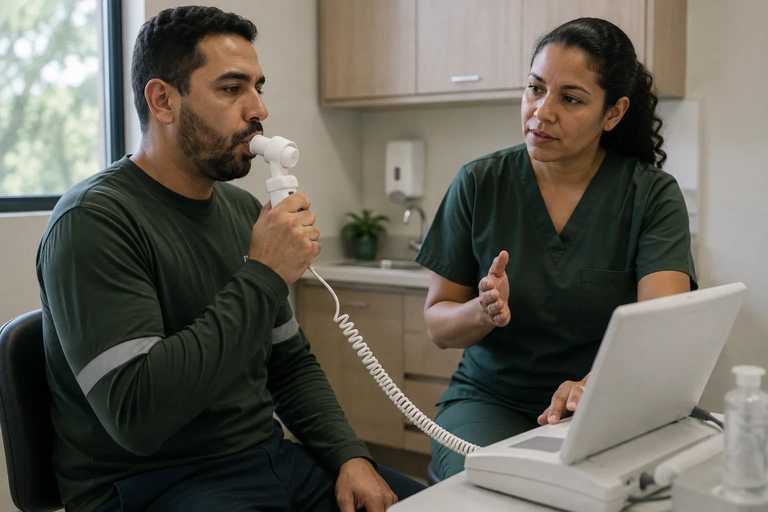 Colaborador realizando exame de espirometria